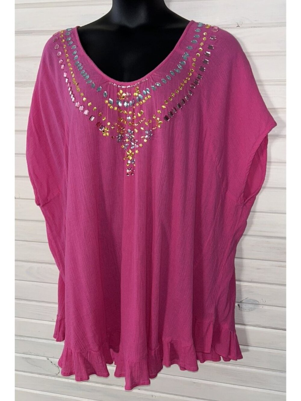 SWIM 365 Sz PLUS 18/20 Tunic Cover Up Pink 100% Cotton Beaded Gauzy EUC